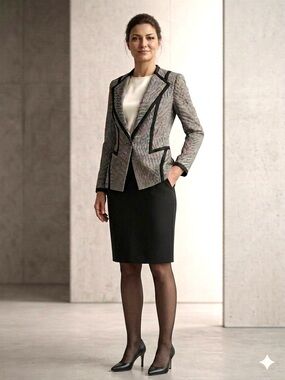 NWT Etcetera Black & White Textured Knit Blazer Jacket Piping Trim Size 10